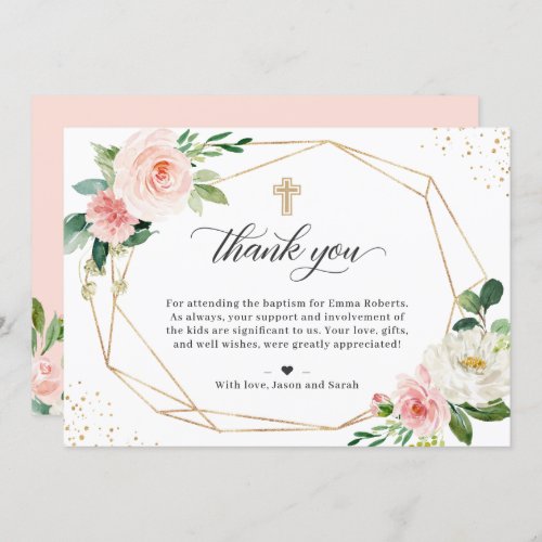 Gold Geometric Blush Floral Baptism Christening Thank You Card