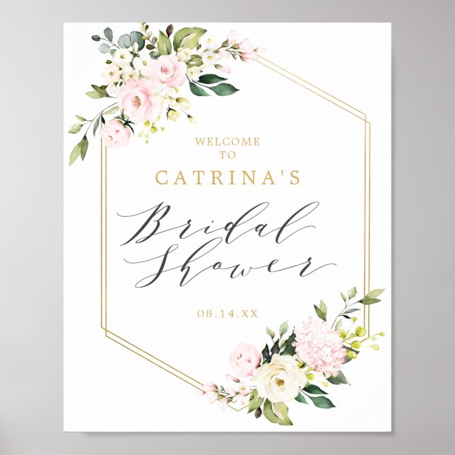 Gold Geometric Blush Floral Bridal Shower Welcome Poster (Front)