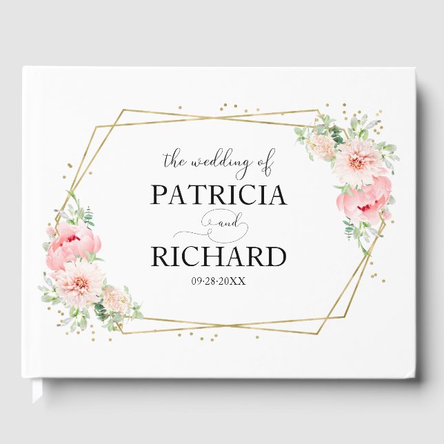 Gold Geometric Blush Floral Elegant Wedding Guest Book (Front)