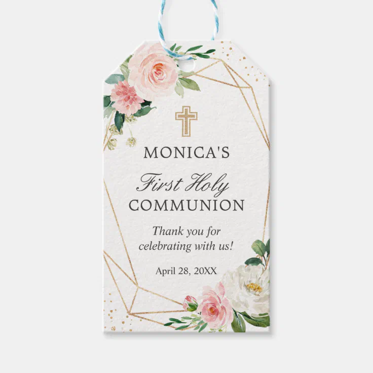 Gold Geometric Blush Floral First Holy Communion Gift Tags | Zazzle