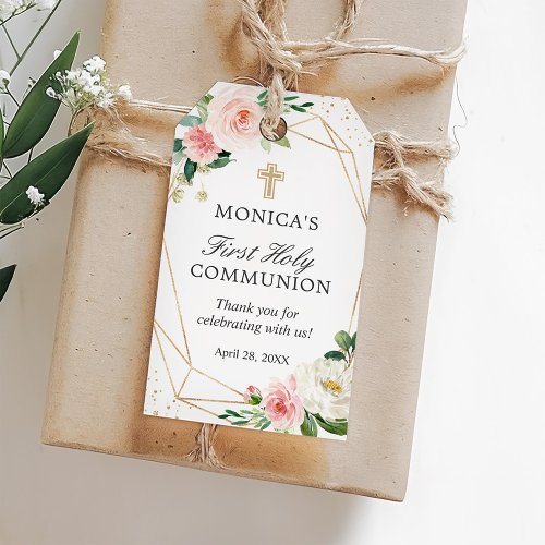 Gold Geometric Blush Floral First Holy Communion Gift Tags