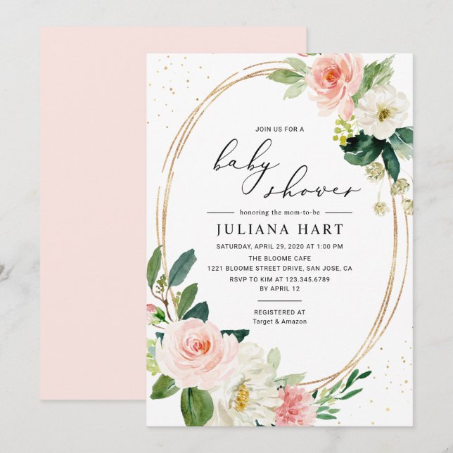 Gold Geometric Blush Pink Floral Baby Shower Invitation (Front/Back)