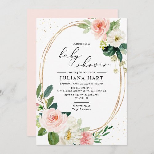 Gold Geometric Blush Pink Floral Baby Shower Invitation