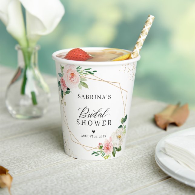 Gold Geometric Blush Pink Floral Bridal Shower Paper Cups (Insitu)