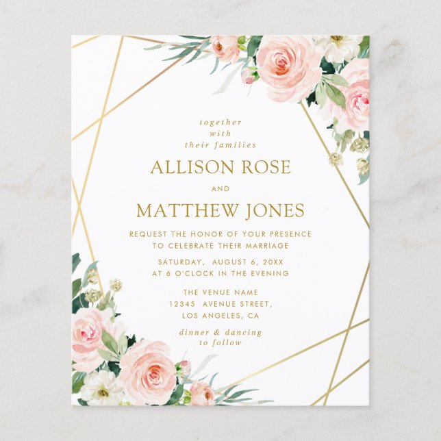 gold geometric blush pink floral wedding invite (Front)