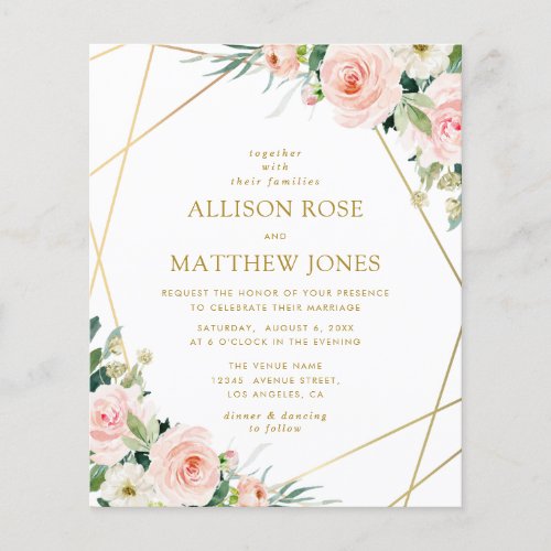 gold geometric blush pink floral wedding invite