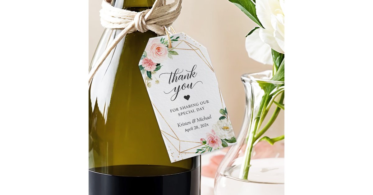 Gold Geometric Blush Pink Floral Wedding Thank You Gift Tags | Zazzle