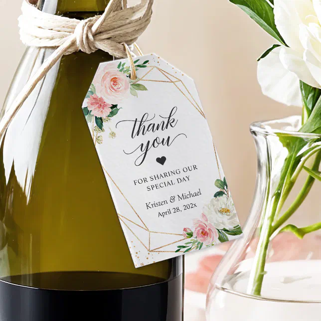 Gold Geometric Blush Pink Floral Wedding Thank You Gift Tags | Zazzle