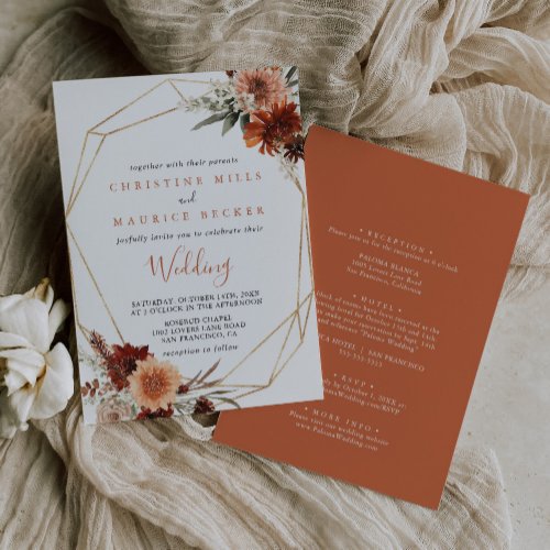 Gold Geometric Boho Floral Front  Back Wedding Invitation