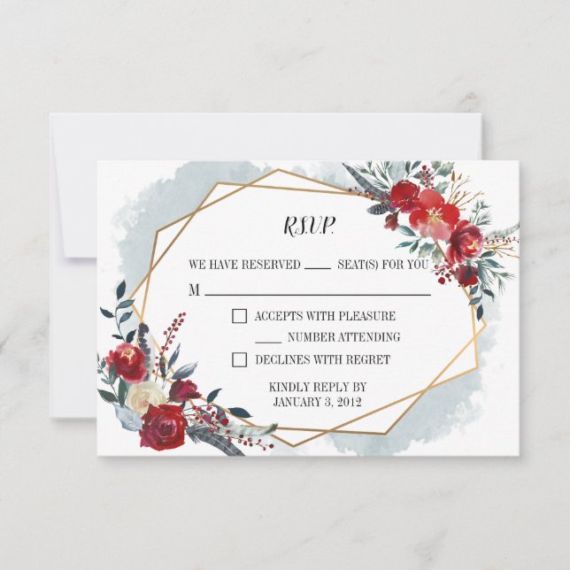 Gold Geometric Boho Floral Wedding RSVP Card (Front)