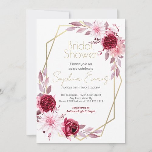 Gold Geometric Border Pink Floral Bridal Shower Invitation