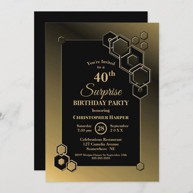 Gold Geometric Border Surprise 40th Birthday Party Invitation (Front/Back)