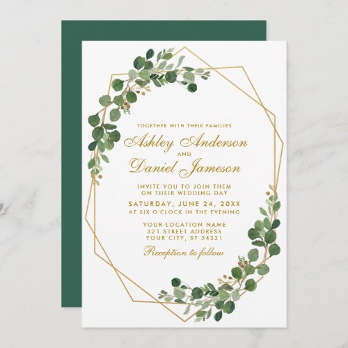 Gold Geometric Botanical Green Eucalyptus Wedding Invitation