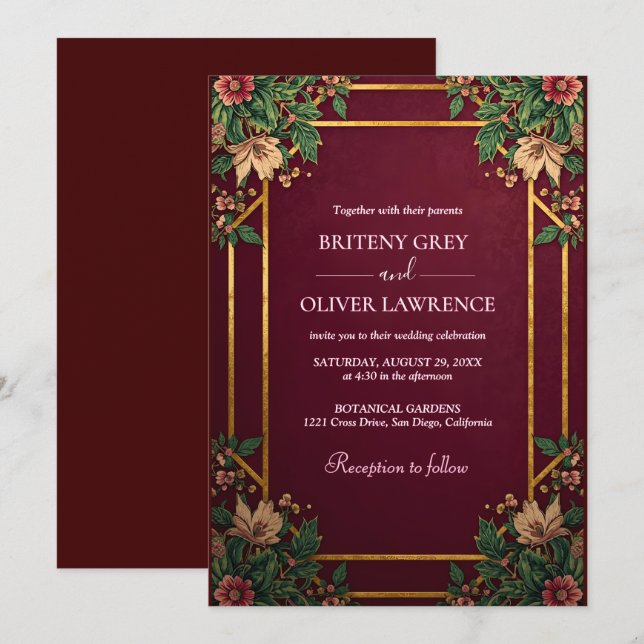 Gold Geometric Burgundy and Green Floral Wedding  Invitation (Front/Back)