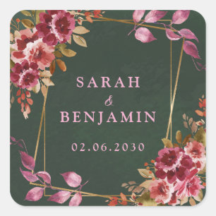 Gold Geometric Burgundy and Green Floral Wedding Square Sticker