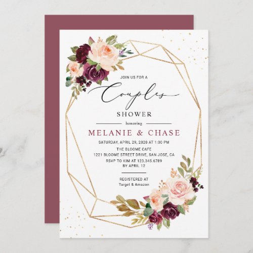 Gold Geometric Burgundy Blush Couples Shower Invitation