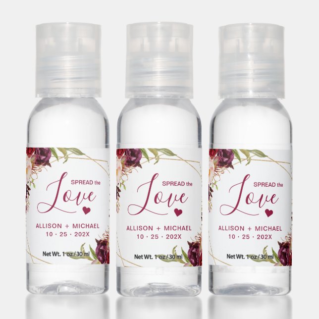 Gold Geometric Burgundy Blush Floral Wedding Favor Hand Sanitizer (Set)