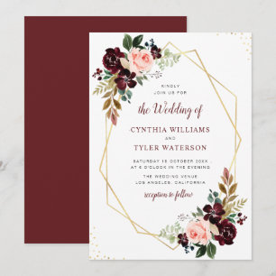 gold geometric burgundy & blush floral wedding invitation