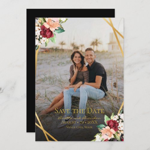 Gold Geometric Burgundy Floral All Over Photo Save The Date