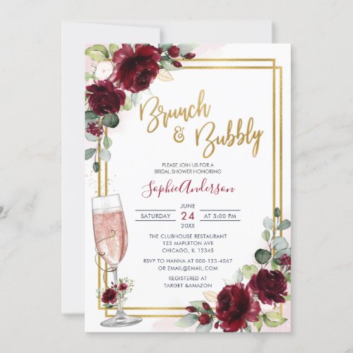 Gold Geometric Burgundy Floral Brunch And Bubbly Invitation