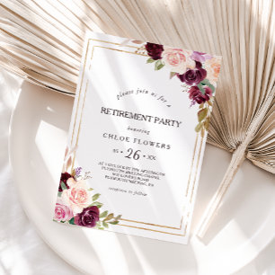 Gold Geometric Burgundy Floral Retirement Party Invitation