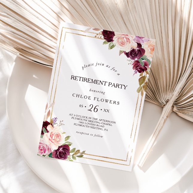 Gold Geometric Burgundy Floral Retirement Party Invitation (Creator Uploaded)