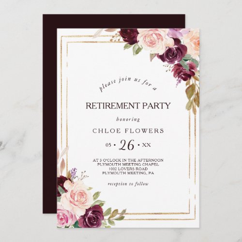 Gold Geometric Burgundy Floral Retirement Party Invitation
