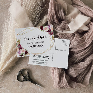 Gold Geometric Burgundy Floral Save the Date Card