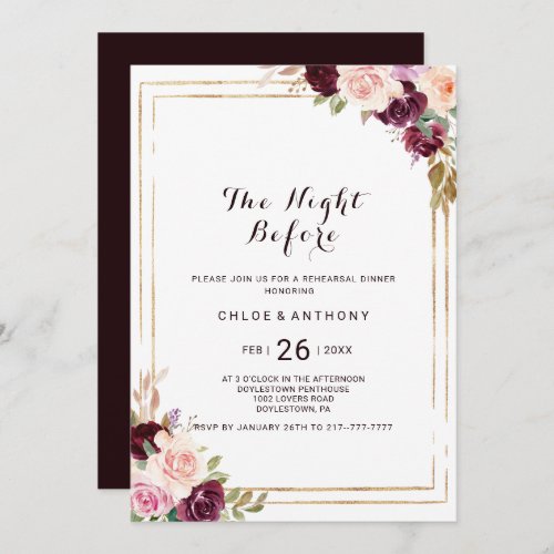 Gold Geometric Burgundy Floral The Night Before Invitation