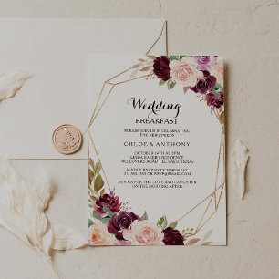 Gold Geometric Burgundy Floral Wedding Breakfast Invitation