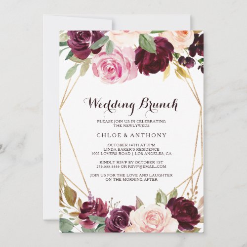 Gold Geometric Burgundy Floral Wedding Brunch Invitation