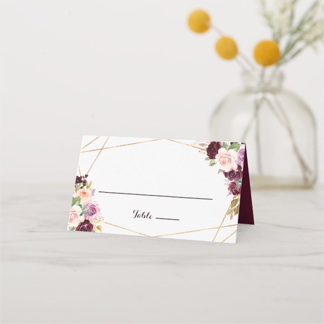 Gold Geometric Burgundy Floral Wedding Place Card (Front)