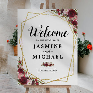 Gold Geometric Burgundy Floral Wedding Welcome Foam Board