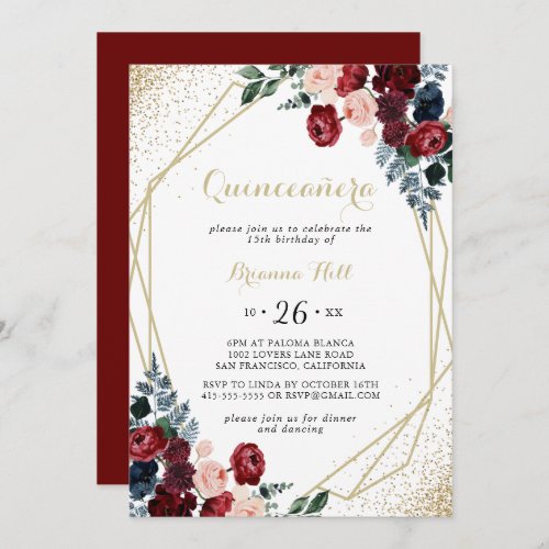 Gold Geometric Burgundy Navy Floral Quinceaera Invitation