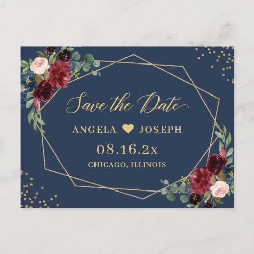 Gold Geometric Burgundy Navy Floral Save the Date Postcard