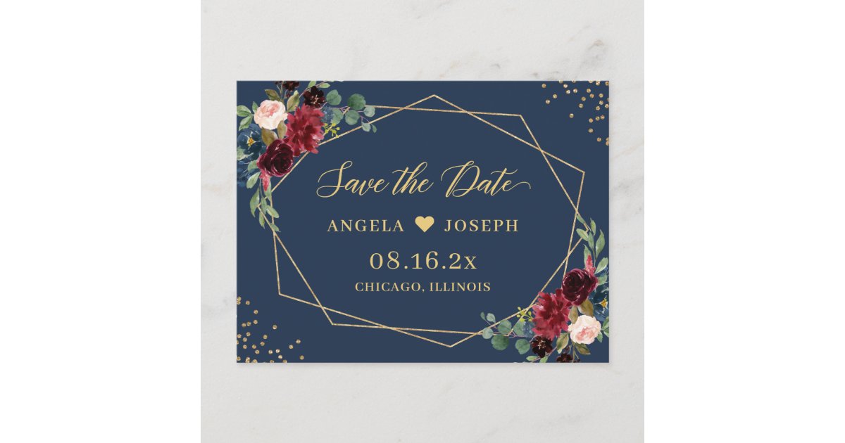 Gold Geometric Burgundy Navy Floral Save the Date Postcard | Zazzle