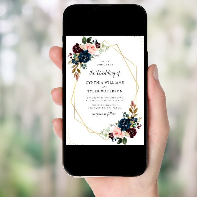 gold geometric burgundy & navy floral wedding invitation (Front Digital)