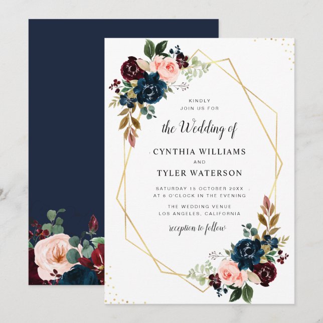 gold geometric burgundy & navy floral wedding invitation (Front/Back)