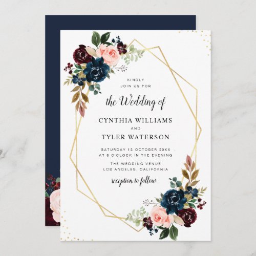 gold geometric burgundy  navy floral wedding invitation