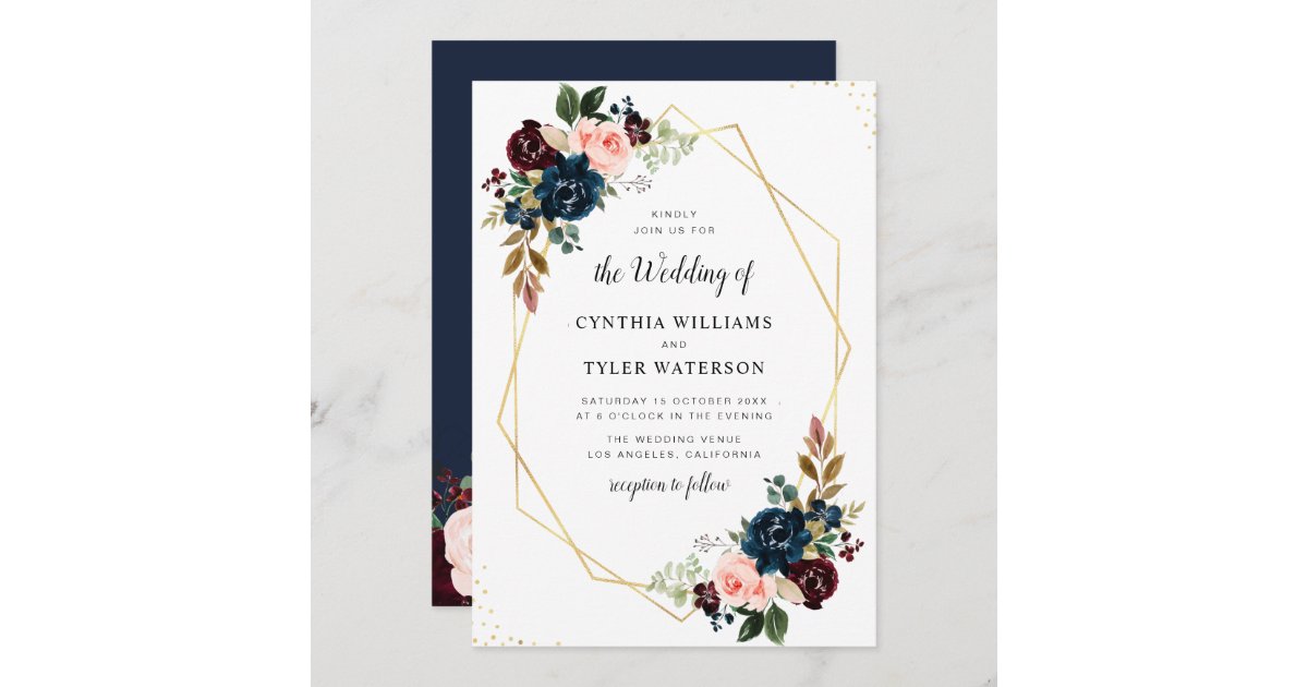 Wedding Invitation, Blue, Red, Gold Floral, Monogram