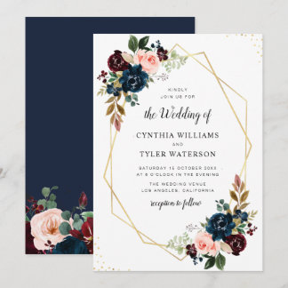 gold geometric burgundy & navy floral wedding invitation
