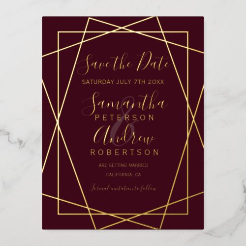 gold geometric burgundy script save the date foil invitation postcard