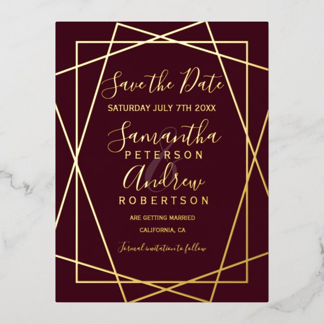 gold geometric burgundy script save the date foil invitation postcard (Front)