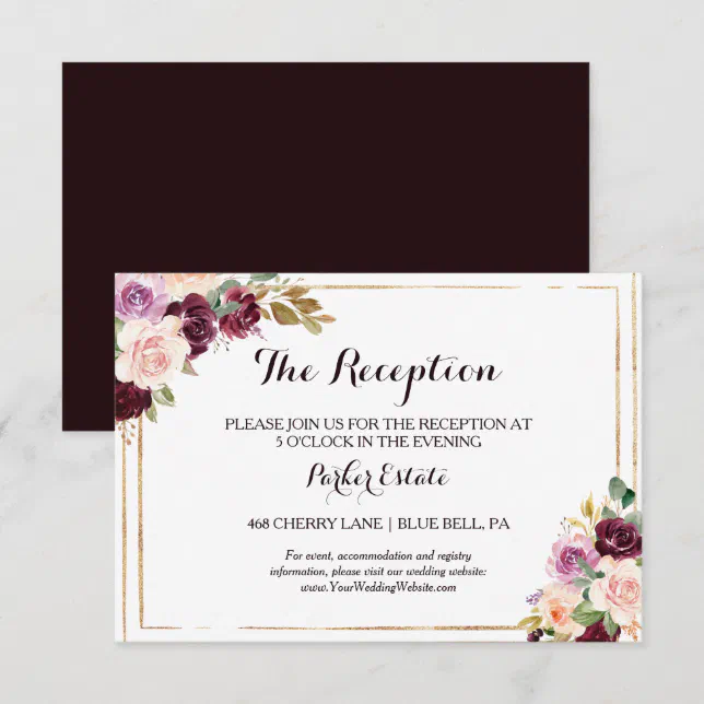 Gold Geometric Burgundy Wedding Reception Card | Zazzle