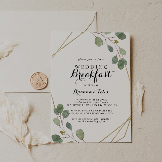 Gold Geometric Calligraphy Wedding Breakfast Invitation (Creator Uploaded)