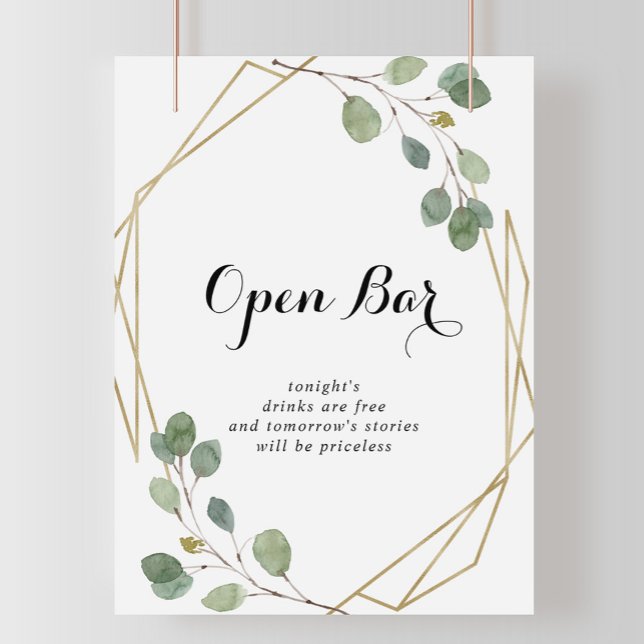 Gold Geometric Calligraphy Wedding Open Bar Sign (Creator Uploaded)