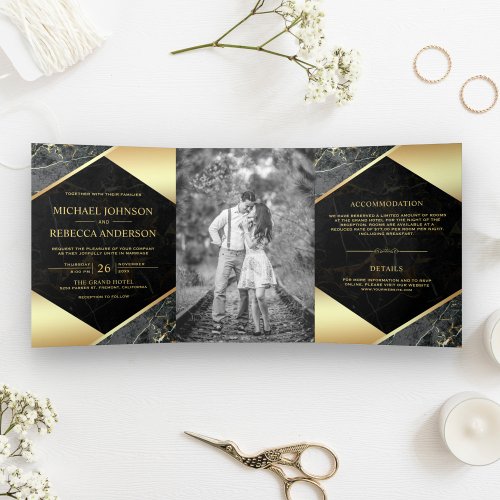 Gold Geometric Charcoal Grey Marble Photo Wedding Tri_Fold Invitation
