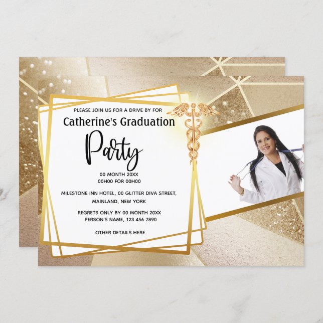 Gold geometric chic DIY photo caduceus graduation Invitation (Front/Back)