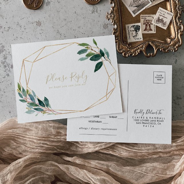 Gold Geometric Chic Eucalyptus Menu Choice RSVP  (Creator Uploaded)
