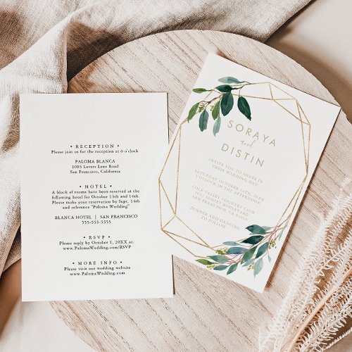 Gold Geometric Chic Foliage Back  Front Wedding   Invitation